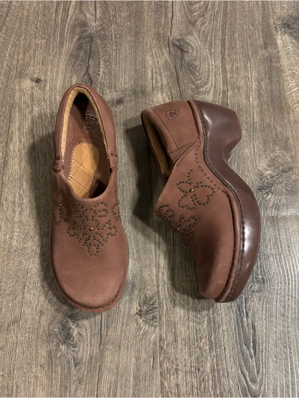 Ariat Western Wear Clogs Shoes Brown Leather Rhinestone Floral Women's 6.5
